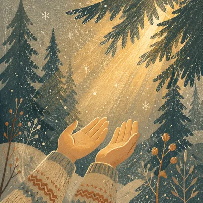 Open Hands Reaching Toward Evergreen Light