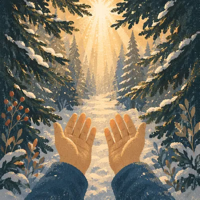 Hands Reaching Toward Golden Forest Light
