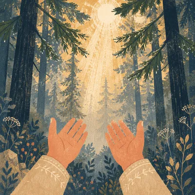 Praying Hands Reaching Toward Forest Light