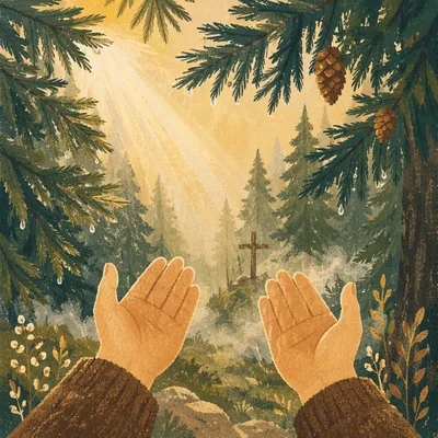 Hands Reaching Toward Light in Evergreen Forest