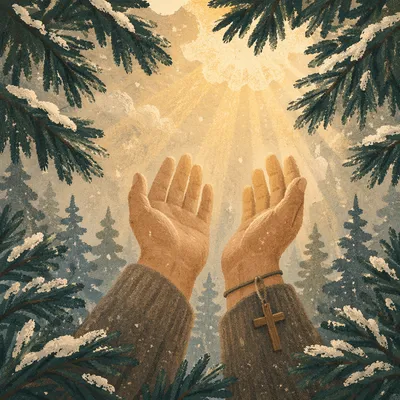 Praying Hands Reaching Toward Evergreen Light