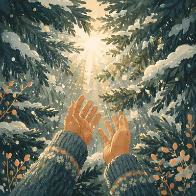Hands Reaching Toward Winter Forest Light