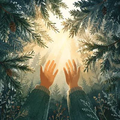 Hands Reaching Through Evergreens Toward Light