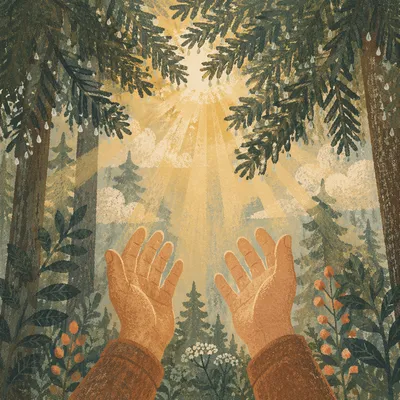 Hands Reaching Toward Forest Morning Light
