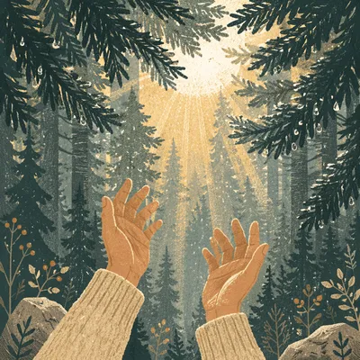 Hands Reaching Toward Morning Forest Light