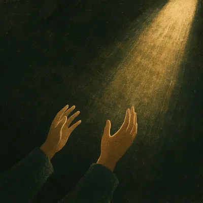 Hands Reaching Toward Evergreen Light