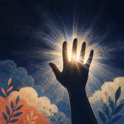 Silhouetted Hand Reaching Toward Divine Light