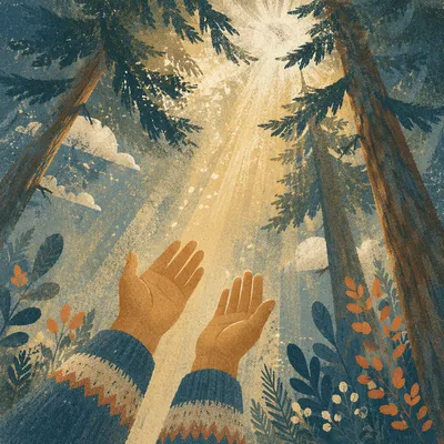 Hands Reaching Toward Forest Morning Light