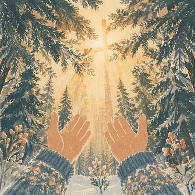Prayerful Hands Reaching Toward Forest Light