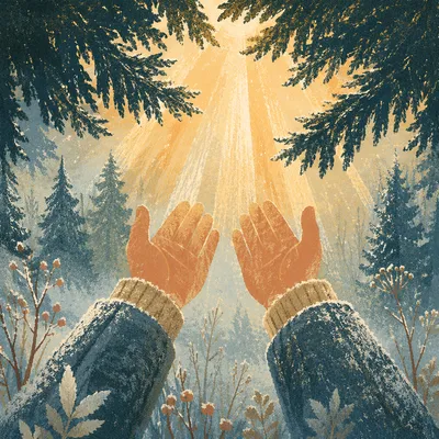 Prayerful Hands Reaching Through Evergreen Light