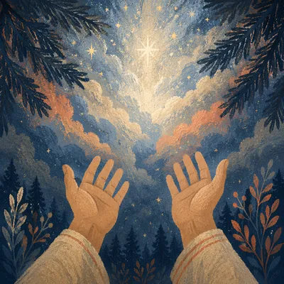 Hands Reaching Toward Celestial Forest Light