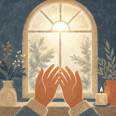 Hands Reaching Toward Winter Light