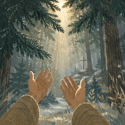 Hands Reaching Toward Winter Forest Light