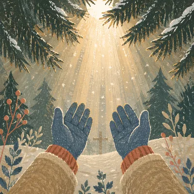 Gloved Hands Reaching Toward Winter Light