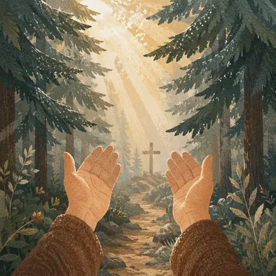 Praying Hands Reaching Toward Forest Light