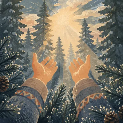 Prayerful Hands Reaching Through Evergreen Light