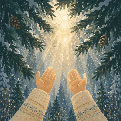 Hands Reaching Toward Light in Evergreen Forest