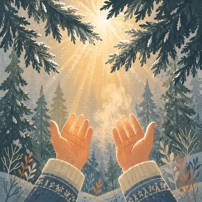 Hands Reaching Toward Golden Forest Light