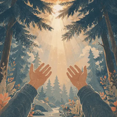 Hands Reaching Toward Forest Sunlight