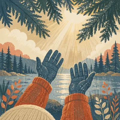 Gloved Hands Reaching Toward Forest Light