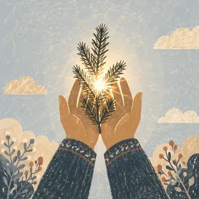 Hands Reaching Toward Evergreen Winter Light