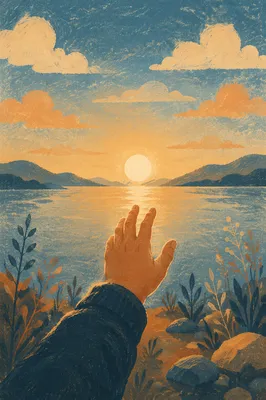 Hand Reaching Toward Sunrise Over Calm Lake