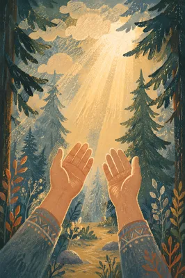 Hands Reaching Toward Evergreen Sunlight