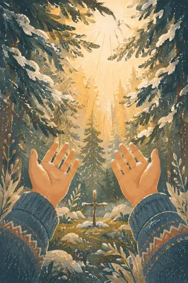 Hands Reaching Toward Light in Evergreen Forest