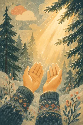 Hands Reaching Toward Evergreen Morning Light