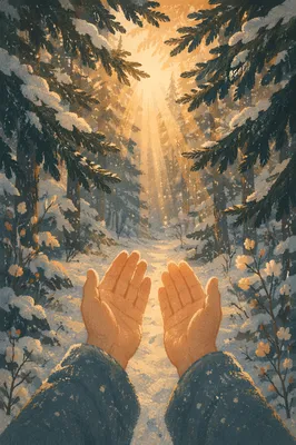 Hands Reaching Toward Light in Evergreen Forest