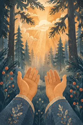 Hands Reaching Toward Evergreen Morning Light