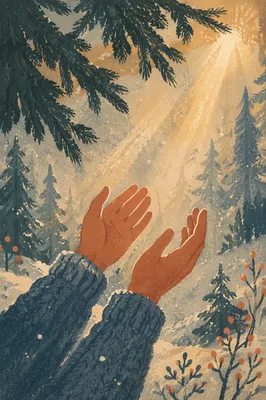 Open Hands Reaching Toward Evergreen Morning Light