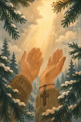 Hands Reaching Toward Golden Forest Light