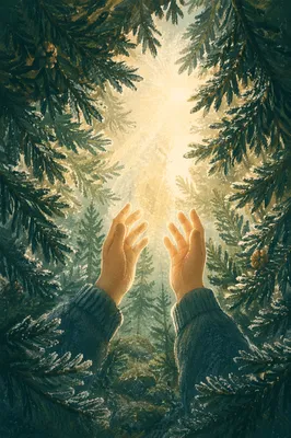 Hopeful Hands Reaching Through Evergreens