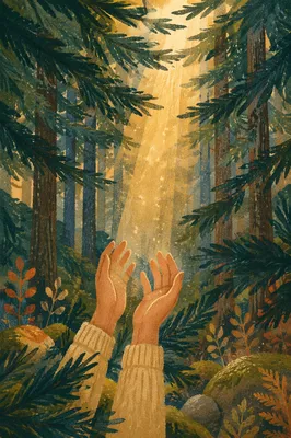 Hopeful Hands Reaching Through Evergreen Light