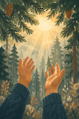 Hands Reaching Toward Morning Forest Light