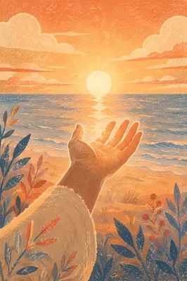 Hand Reaching Toward Sunset Ocean Light