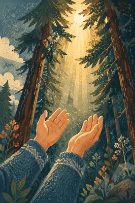 Hands Reaching Toward Sunlight in Evergreen Prayer