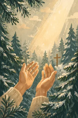 Hands Reaching Toward Light in Winter Pines