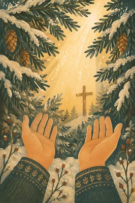 Hands Reaching Toward Light in Evergreen Forest