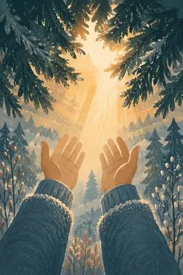 Prayerful Hands Reaching Toward Forest Light