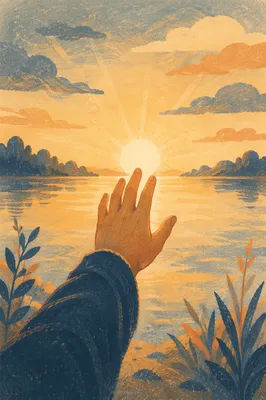 Hand Reaching Toward Golden Horizon Light