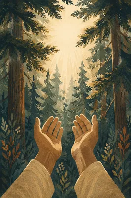 Hands Reaching Toward Evergreen Sunlight