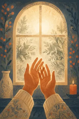 Prayer Hands Reaching Toward Evergreen Light