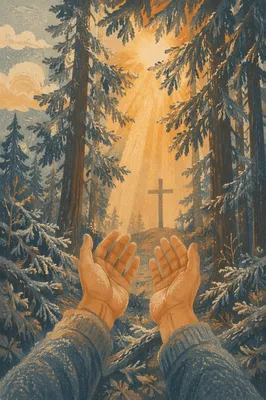 Hands Reaching Toward Light in Evergreen Prayer