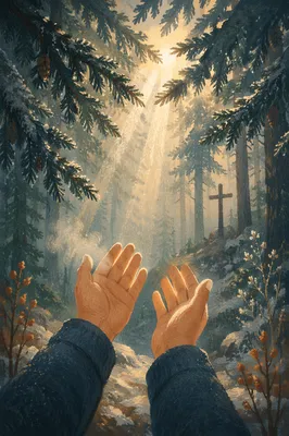 Hands Reaching Toward Winter Forest Light