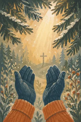Gloved Hands Reaching Toward Forest Light