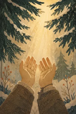 Hands Reaching Toward Light in Evergreen Forest