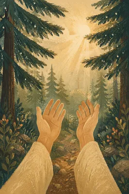 Prayerful Hands Reaching Toward Evergreen Light
