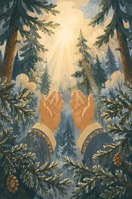 Prayerful Hands Reaching Toward Evergreen Light